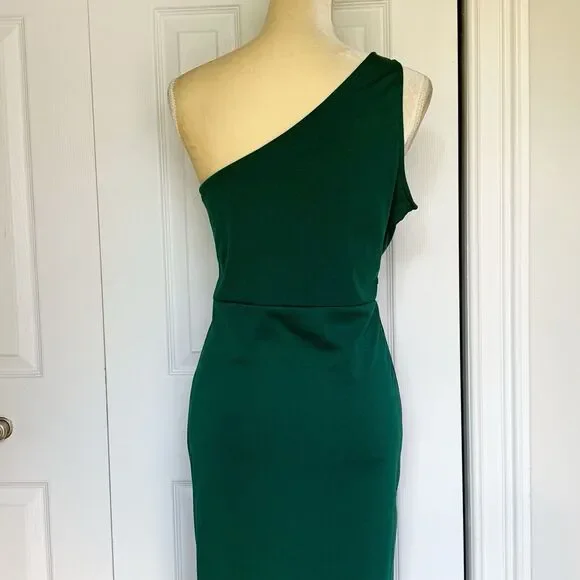 Women Night Gown Dress Large Green One Shoulder Ruffle Hem CHICME - Picture 13 of 16